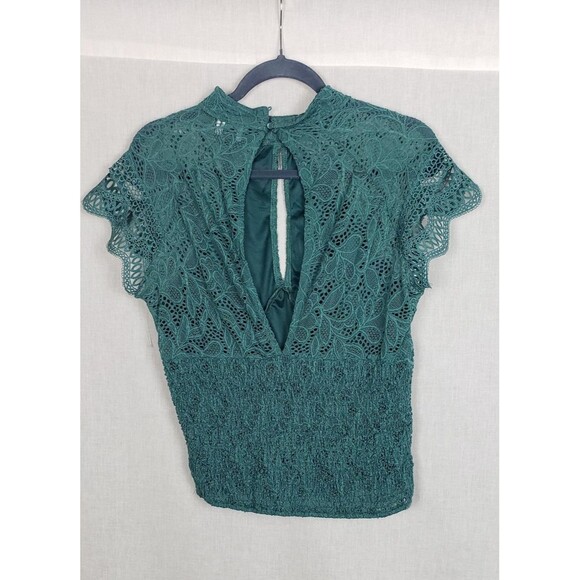 Daytrip Blouse M Teal Green Smocked Lace Mock Neck Keyhole Dainty Feminine Fall - Picture 2 of 9